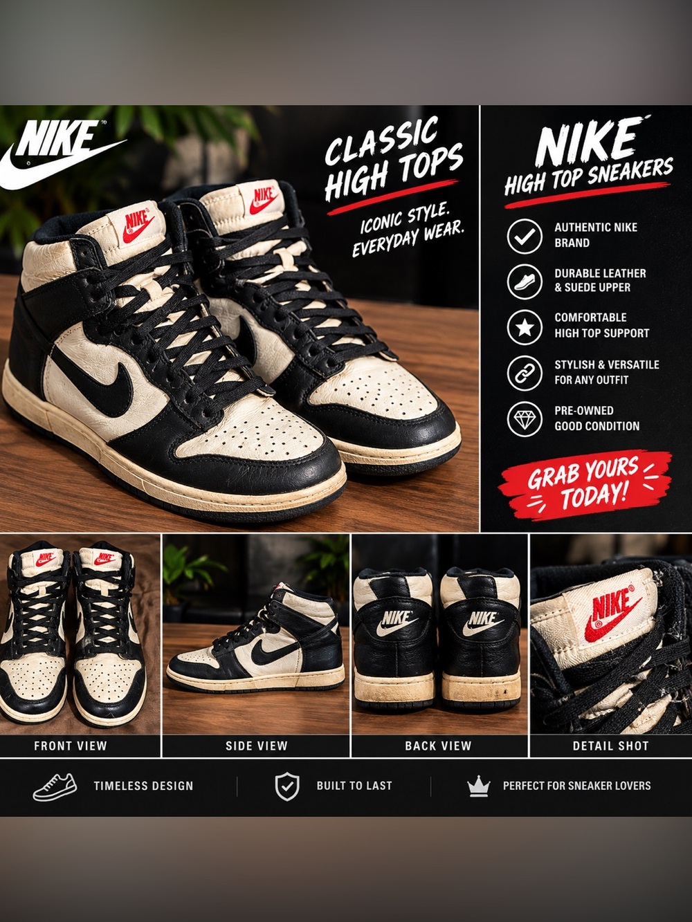 Nike Men’s High Top Sneakers — Black & Cream with Red Logo